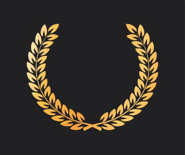 Altın defne çelengi. Lüks rütbe ve rozet. Ödül ve ödül. Zafer ve prestij. Başarı ve onur, gurur. Poster ve afiş. Düz vektör çizimi siyah arkaplanda izole edildi
