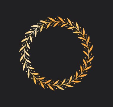 Altın defne çelengi. Lüks rütbe ve rozet. Ödül ve ödül. Parlak dallardan yuvarlak çelenkler. Dekoratif unsur. Düz vektör çizimi siyah arkaplanda izole edildi