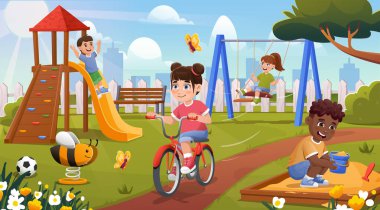 Çocuk parkındaki çocuklar. Erkekler kum havuzunda ve kaydırağında, kızlar salıncakta ve bisiklette. Arkadaşlar yaz günü dışarıda birlikte vakit geçirirler. Anaokulunda sahne. Düz vektör illüstrasyonu