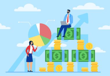 İş adamları para yatırıyor. Kadın ve erkek, yükselen grafiğin yanında para yığınlarının üzerinde otururlar. Ticaret ve yatırım. Finansal okuryazarlık ve pasif gelir. Düz vektör illüstrasyonu