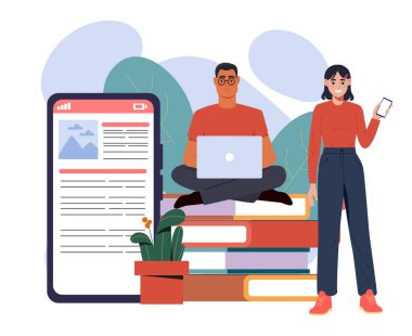 Online kitapları olan insanlar. Dizüstü bilgisayarı olan kadın ve adam bir yığın kitabın yanında. Okuma ve edebiyat aşkı. Dijital kütüphanede bir kitap. Eğitim ve eğitim. Düz vektör illüstrasyonu