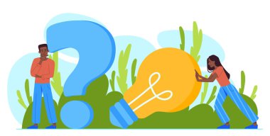 Problem çözme konsepti. Soru işaretine yakın bir adam ve ampullü bir kadın. Beyin fırtınası ve ilham. Takım iş sorunlarını çözer. İşbirliği ve işbirliği. Düz vektör illüstrasyonu