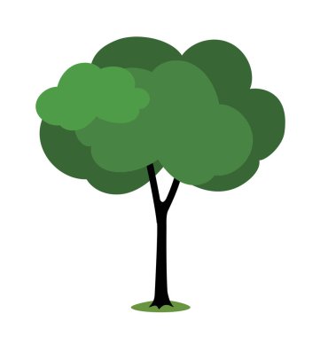 Yuvarlak yapraklı şekilli, şekillendirilmiş yeşil ağaç ve siyah gövdeli, beyaz arka planda basit bir grafik tarzı var. Doğa ve çevre kavramı. Vektör illüstrasyonu