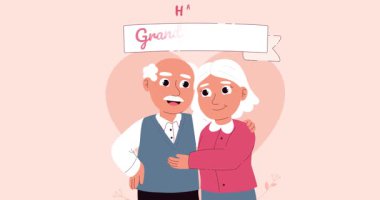 Büyükanne ve büyükbaba günün kutlu olsun. Mutlu yaşlı çiftin kucaklaşıp gülümsediği hareketli bir pankart. Büyükanne ve büyükbaba kalp siluetinin önünde. Uluslararası tatil. Düz grafik çizgi film