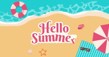 Merhaba yaz kıyısı. Deniz dalgaları, kumlu plaj, şişirilebilir halka ve şemsiyeli hareketli pankart. Tropikal ve egzotik ülkelerde tatil. Seyahat ve turizm. Düz grafik çizgi film