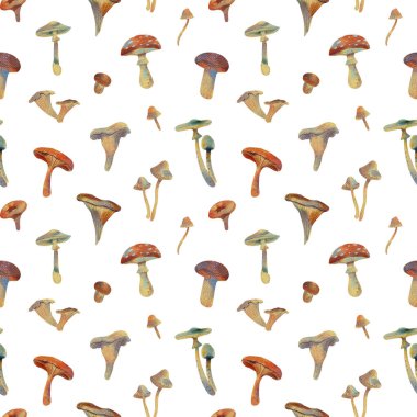 Suluboya mantarlı kusursuz desen. Tasarım ögeleri, moda ve tekstil tasarımı, ağ ögeleri, dekorasyonlar olarak kullanılabilir.