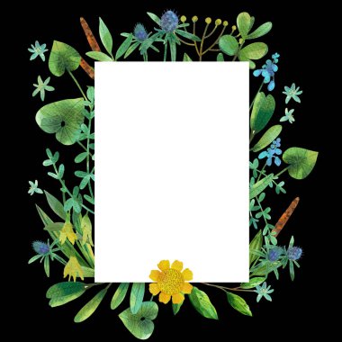Dörtgen beyaz çerçeve, farklı türde bitki ve kır çiçekleriyle boyanmış. Düşman davetiye tasarımı, tebrik kartı, etiket, kartpostal kullanılabilir. Şablon tasarımı.