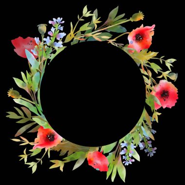 Farklı bitkilerden çelenkler ve gelincik çiçekleri içeren yuvarlak beyaz bir çerçeve. Düşman davetiye tasarımı, tebrik kartı, etiket, kartpostal kullanılabilir. Şablon tasarımı.