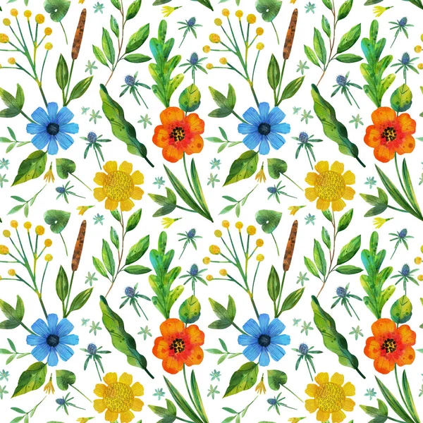 Seamless pattern with watercolor painted wildflowers, red, blue, yellow flowers, and herbs. Can be used for textile design, wrapping paper, design elements, backgrounds.