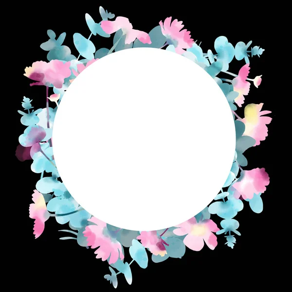 Kerek Fehér Keret Eukaliptusz Koszorúval Rózsaszín Vadvirágokkal Használható Meghívókártya Tervezéshez — Stock Fotó