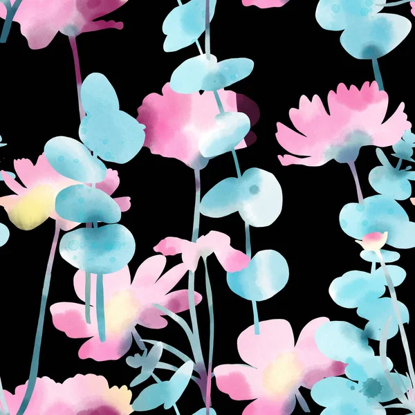 Seamless pattern with watercolor painted eucalyptus and pink wildflowers. Can be used for textile design, wrapping paper, design elements, backgrounds.