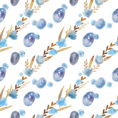 Suluboya, mavi çiçekler, noktalar, turuncu yapraklar ve sopalarla kusursuz desen. Ev dekorasyonu, tekstil tasarımı, baskı için kullanılabilir.