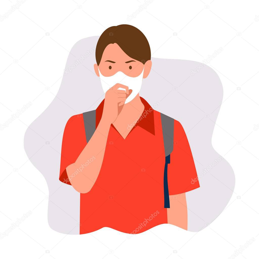Covid 19, a man wearing red clothes, wearing a face mask, was sneezing by covering it with your hand
