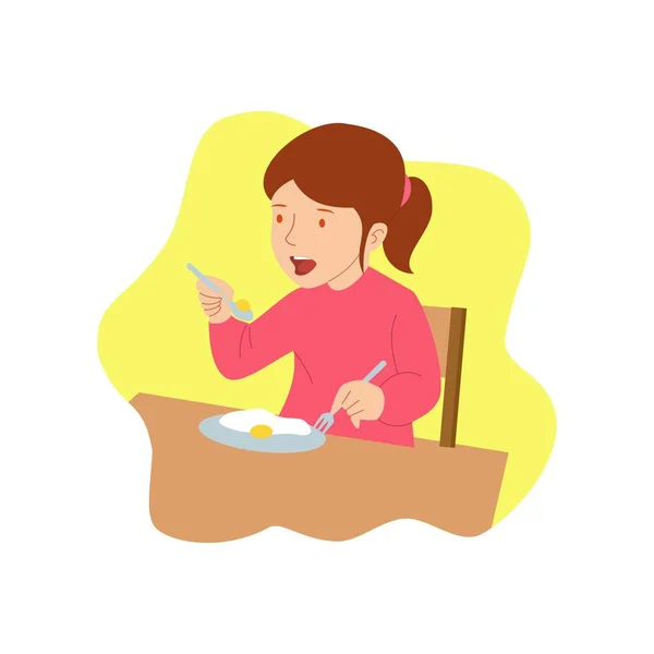 Cute Cartoon Happy Girl Eating Healthy Food Children Illustration — Stock Photo, Image