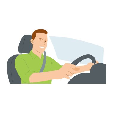 Adam araba kullanıyor. Yeşil tişörtlü adam emniyet kemeri takıyor.