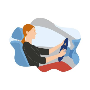 Araba süren bir kız. Siyah giysili ve kırmızı etekli bir kız. 