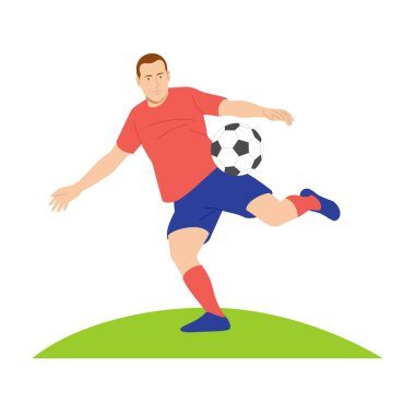 Futbolcu kırmızı kostüm giyer ve hızlı bir atış yapar. Marka Kimliği Şirketi logo tasarım şablonu izole edildi. Düz Çizim