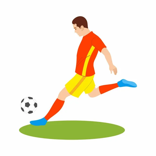 Soccer Player Wearing Orange Costume Quick Shooting Ball Green Field — Stock Photo, Image