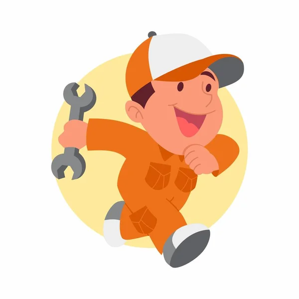 Plumber Wearing Orange Shirt Running Carries Spanner His Hand Chibi — Stock Photo, Image