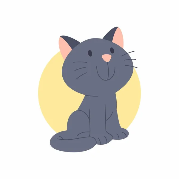 Черная Кошка Сидящая Симпатичной Улыбкой Фоне Желтого Круга Рисунок Стиле — стоковое фото