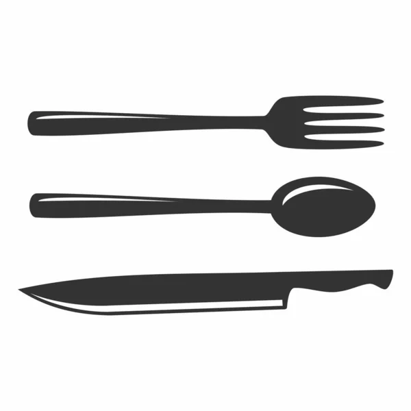 Conjunto Tenedor Cuchara Cuchillo Negro Ilustración Sobre Fondo Blanco Icono — Vector de stock