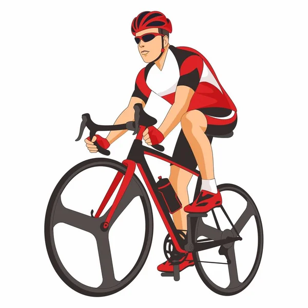 a man is riding a bicycle fast. wear full equipment. helmet and gloves.