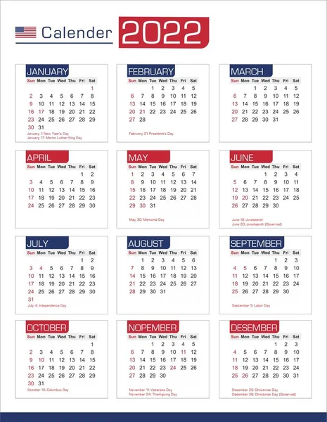 Calendar 2022 Federal Holidays Concept Template Vector Design — Stock Vector