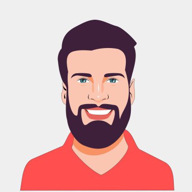 Kırmızı tişörtlü sakallı adam.