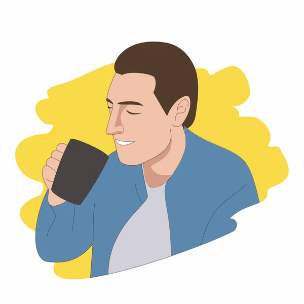 Illustration Man Med Blå Skjorta Som Dricker Kaffe Mugg Platt — Stock vektor