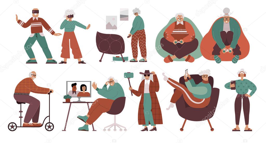 Old people and technology flat character set.