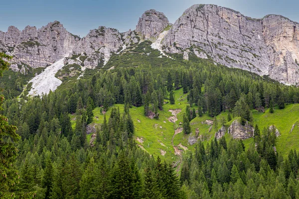 Pohled Dolomity Souvisejícím Lesem — Stock fotografie