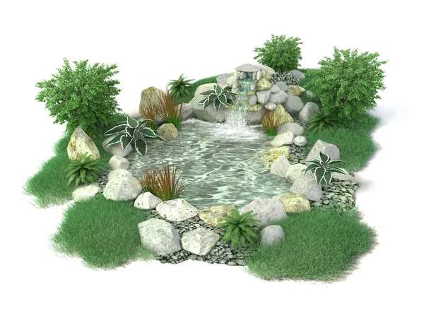 Dekorativní rybník na bílém pozadí v 3d — Stock fotografie