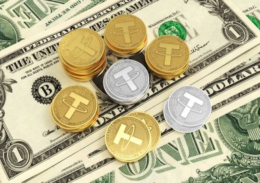 Bağla. Kripto para birimi altın ve gümüş paralar. Kripto para madenciliği. Doların arka planında madeni paralar. 3 boyutlu illüstrasyon. 3B görüntüleme. 