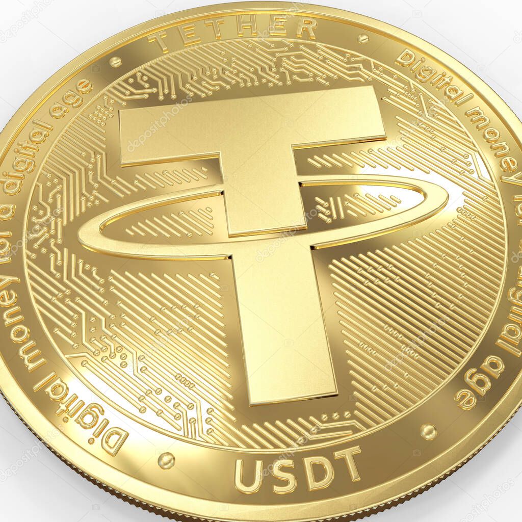 Tether. Cryptocurrency Golden coins. Cryptocurrency mining. 3D illustration.
