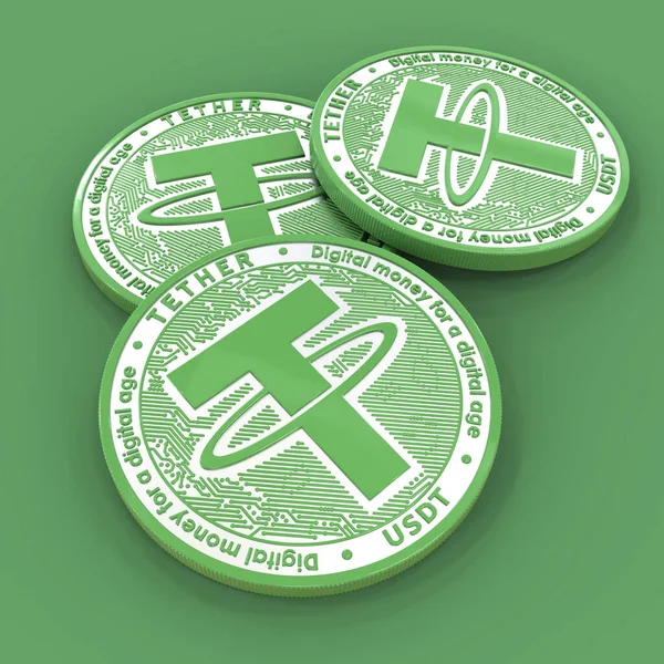 Anbandeln Drei Grüne Kryptowährungsmünzen Kryptowährungsbergbau Illustration Münzen Auf Grünem Hintergrund — Stockfoto