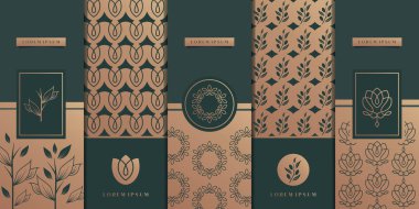 Lüks altın ambalaj tasarımı, çiçek, doğa, çiçek, zeytin ağacı, desen. Premium Vektör.