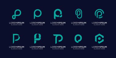 Soyut P harfi logo şablonu seti. Lüks işlerin simgeleri, zarif, basit. Premium Vektörü