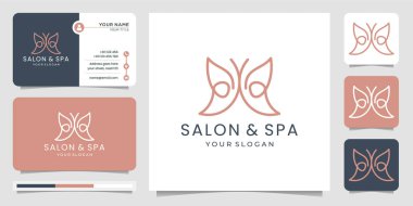 Kuaför, güzellik, lüks, spa tarzı, doğa için minimalist kelebek çizgisi monogram şekil logosu. Logo tasarımı, simge ve kartvizit şablonu. Premium Vektörü