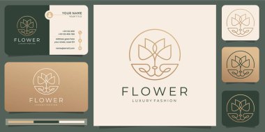 Minimalist çiçek çemberi lüks güzellik salonu, altın, moda, cilt bakımı, çerçeve, kozmetik, yoga ve kartvizitli kaplıca ürünleri. Premium Vektörü