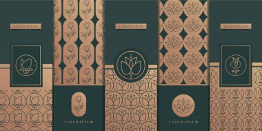 Lüks altın ambalaj tasarımı, çiçek, doğa, çiçek, zeytin ağacı, desen. Premium Vektör.