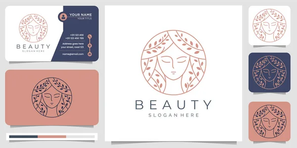 Güzellik kadınlar doğa logosu ilham ve iş kartı. Güzellik, cilt bakımı, kaplıca, saç stili, daire, zarif minimalist. Çizgi sanatı tarzında. Premium Vektör