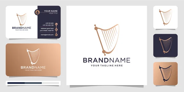 Harp logosu tasarımı ve kartvizit çizimi. Müzik ikonu, klasik, enstrüman, zarif, lüks, marka. premium vektörü