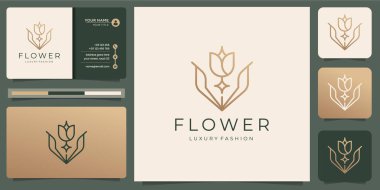 Minimalist çiçek lükslü güzellik salonu. Altın, moda, cilt bakımı, kozmetik, yoga ve kaplıca ürünleri. Logo şablonları ve kartvizit tasarımı. Premium Vektörü
