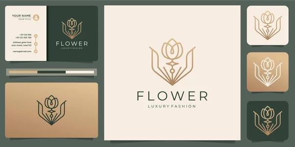 Minimalist çiçek lükslü güzellik salonu. Altın, moda, cilt bakımı, kozmetik, yoga ve kaplıca ürünleri. Logo şablonları ve kartvizit tasarımı. Premium Vektörü