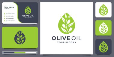 olive oil essential design template. combination oil and olive in silhouette shape. beauty,nature,green,leaf ,modern and elegant. logo with business card vector illustration. premium vector