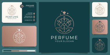 Perfume spray bottle design template with business card design. Cosmetics bottles, beauty skin care,abstract,gold. premium vector