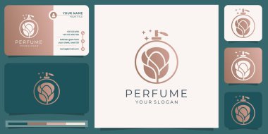 luxury perfume logo design template. bottle perfume symbol for fashion, skin care, cosmetic, yoga and spa products. with business card design. premium vector