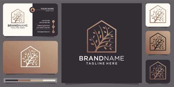 tree and home elegant design. modern tree with combination in house simple frame. logo and business card design template. premium vector