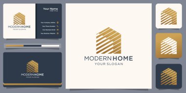 Emlak logosu, modern ev logosu, mülk, ev logosu, ev ve bina. Soyut, kör, kartvizit logosu şablonuyla altın rengi. Premium Vektörü
