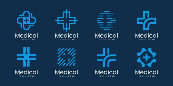Набір Іконок Медичного Медичного Логотипу Хресті Серці Круглої Форми Лінійне — стоковий вектор